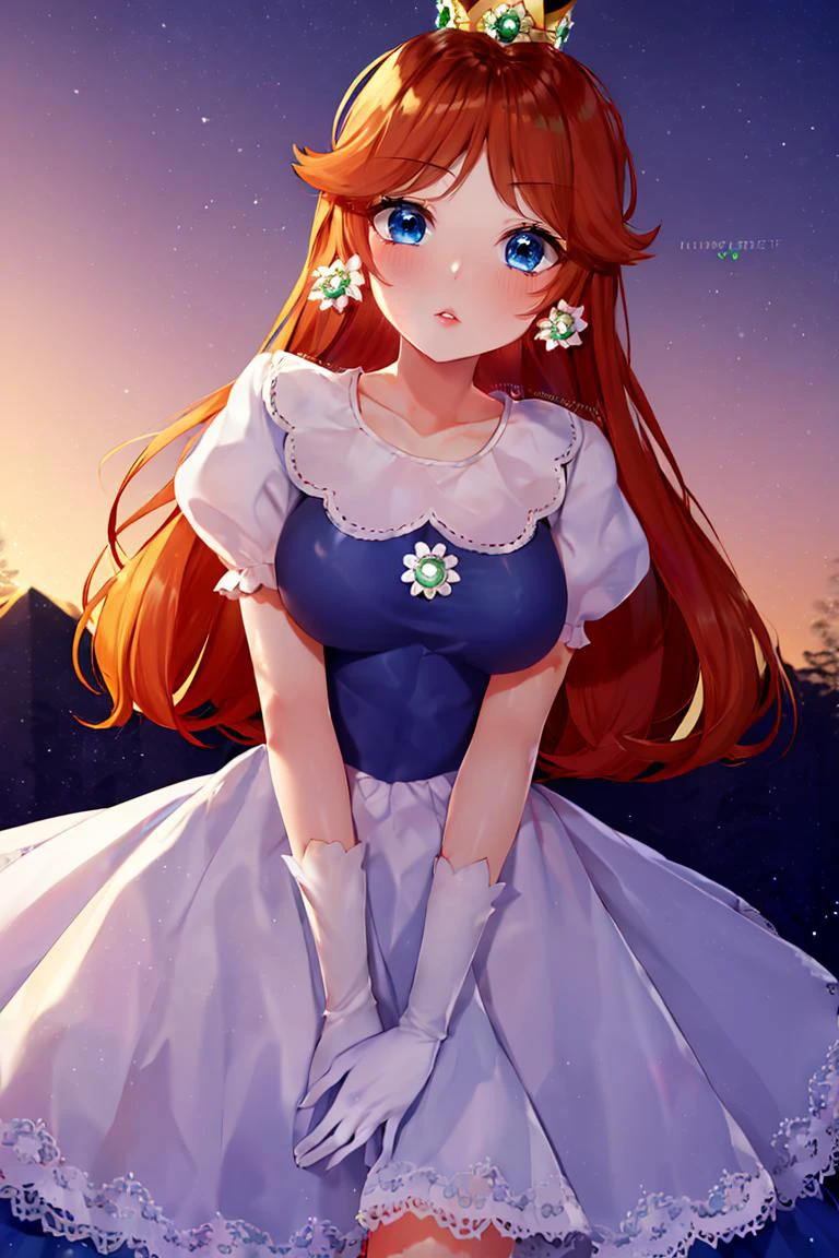 <lora:Puppypaww_Style:0.8>, (masterpiece, best quality), 1girl, <lora:princessdaisy-lora-nochekaiser:1> princess daisy, blue eyes, long hair, orange hair, crown, daisy, dress, flower, gem, gloves, orange dress, puffy short sleeves, puffy sleeves, short sleeves, white gloves,