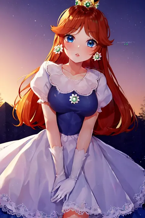 <lora:Puppypaww_Style:0.8>, (masterpiece, best quality), 1girl,   <lora:princessdaisy-lora-nochekaiser:1> princess daisy, blue eyes, long hair, orange hair, crown, daisy, dress, flower, gem, gloves, orange dress, puffy short sleeves, puffy sleeves, short sleeves, white gloves,