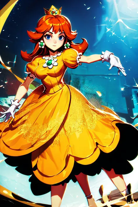 <lora:Genzoman_Style_Dim64:0.8>, , (masterpiece, best quality), 1girl,   <lora:princessdaisy-lora-nochekaiser:1> princess daisy, blue eyes, long hair, orange hair, crown, daisy, dress, flower, gem, gloves, orange dress, puffy short sleeves, puffy sleeves, short sleeves, white gloves,