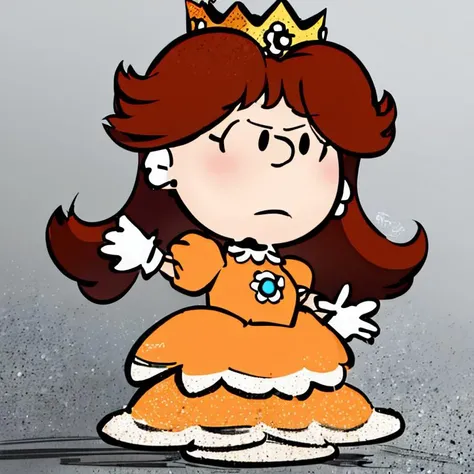 <lora:Charles_Schulz_Style_Dim32:0.8>, chibi, style parody, (masterpiece, best quality), 1girl, <lora:princessdaisy-lora-nochekaiser:1> princess daisy, solo, blue eyes, long hair, orange hair, crown, daisy, dress, flower, gem, gloves, orange dress, puffy short sleeves, puffy sleeves, short sleeves, white gloves, full body, simple background,