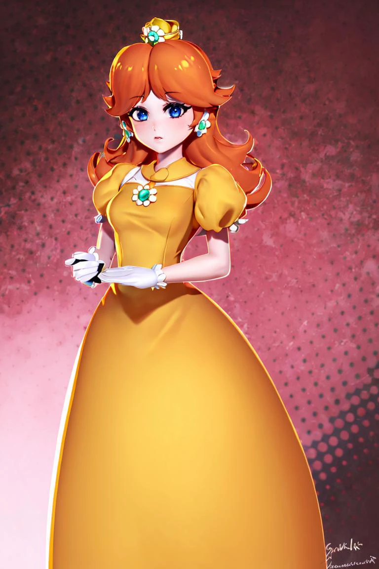 (masterpiece, best quality), 1girl, outline, <lora:princessdaisy-lora-nochekaiser:1> princess daisy, blue eyes, long hair, orange hair, crown, daisy, dress, flower, gem, gloves, orange dress, puffy short sleeves, puffy sleeves, short sleeves, white gloves,