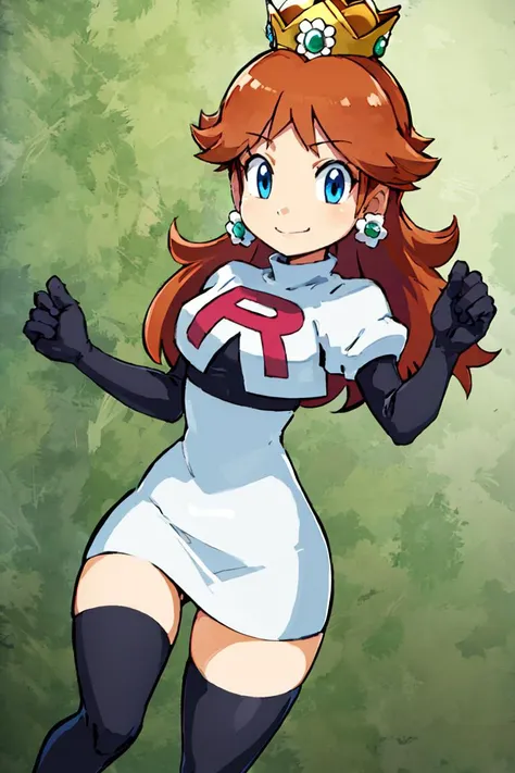 <lora:Harada_Takehito_v2_Repeats5:0.5>, <lora:Cosplay_TeamRocket_v2:0.8>, ((masterpiece,best quality)), Cosplay_TeamRocket, white jacket, cropped jacket, white skirt, elbow gloves, black thighhighs, zettai ryouiki, 1girl, <lora:princessdaisy-lora-nochekaiser:1> princess daisy, blue eyes, long hair, orange hair, crown, daisy, dress, gem, smile,