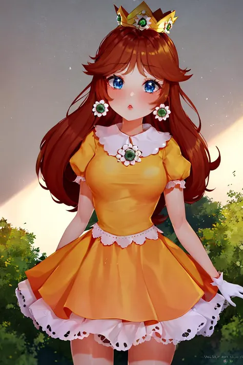 <lora:Puppypaww_Style:0.8>, (masterpiece, best quality), 1girl,   <lora:princessdaisy-lora-nochekaiser:1> princess daisy, blue eyes, long hair, orange hair, crown, daisy, dress, flower, gem, gloves, orange dress, puffy short sleeves, puffy sleeves, short sleeves, white gloves,