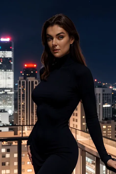 <lora:mondongo_LoRA_SerindaSwan:1> mndngwmn, wearing a turtleneck bodycon dress, on a balcony at night with city on background, (ultra realistic, 8k,high quality)