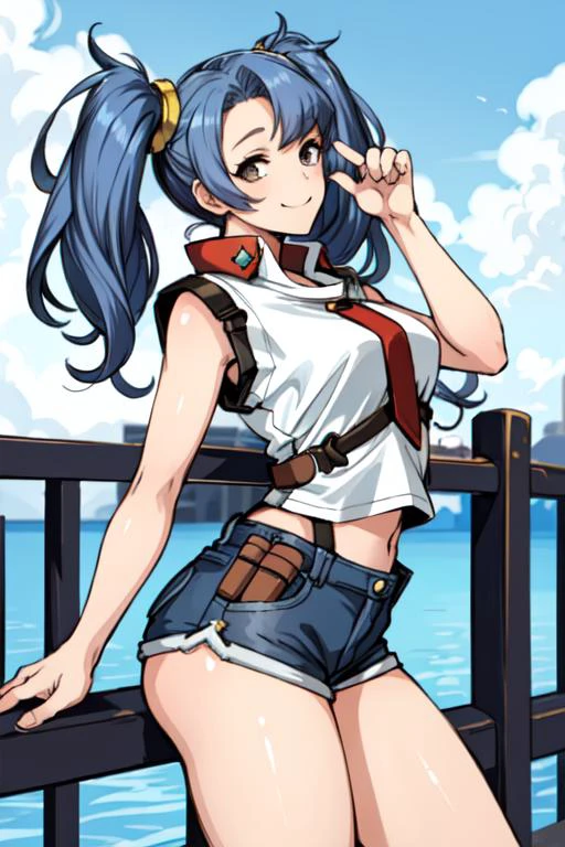 masterpiece, best quality, absurdres, perfect antomy, 1girl, solo, Sophia, twintails, smile, from side, shorts, shirt