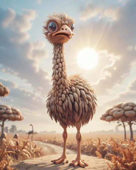 insane details, Gloomy pokemon style Ostrich, Sun in the sky, shallow depth of field, Simple and clean, intricate details, Bright design, poster art, <lora:pnts:1> pnts