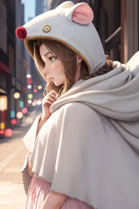 masterpiece, best quality, aerith gainsborough, animal hood, white cloak, pink dress, mooglesuit <lora:mooglesuit-nvwls-v1:1> <lora:aerith-nvwls-v1-final:0.8>