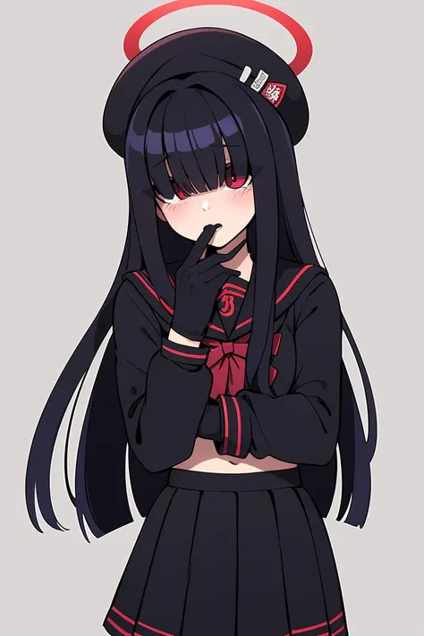 (masterpiece, best quality), 1girl, <lora:Mob-chanAdvanced:0.8> red_eyes, very_long_hair, blunt_bangs, eyes visible through hair, black_socks, black_skirt, sailor_collar, beret, black_hat, red_halo, hair_over_eyes, black_hair, gloves, pleated_skirt, uwabaki, (((black_serafuku))), black_gloves, red_bowtie,
