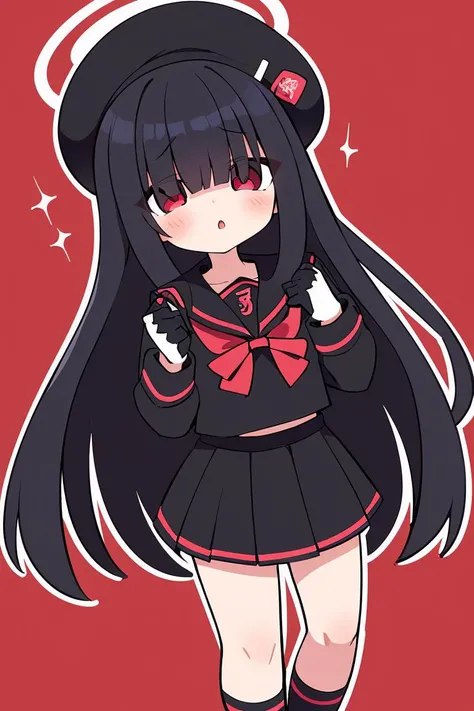 Black hair, Cat ears, Cat girl, Red eyes, Student clothes，Superskirt，blacksilk，