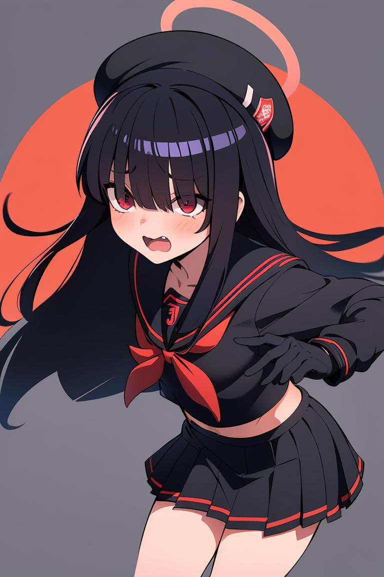 Anime girl with black hair and red bow and black dress - SeaArt AI