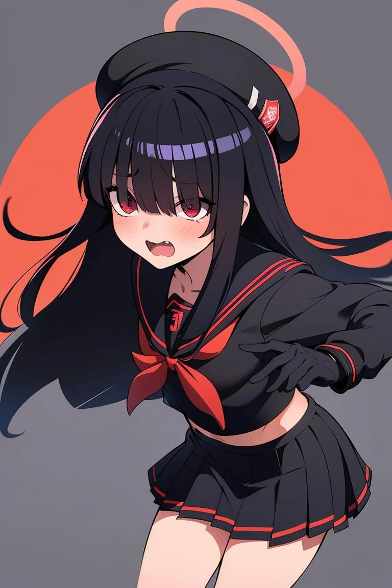 (masterpiece, best quality), 1girl, <lora:Mob-chanAdvanced:0.8> red_eyes, very_long_hair, blunt_bangs, eyes visible through hair, black_socks, black_skirt, sailor_collar, beret, black_hat, red_halo, hair_over_eyes, black_hair, gloves, pleated_skirt, uwabaki, (((black_serafuku))), black_gloves, red_bowtie,