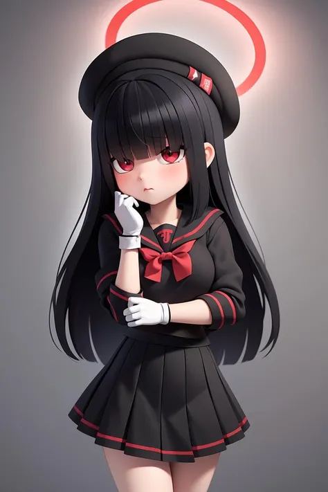 (masterpiece, best quality), 1girl, <lora:Mob-chanAdvanced:0.8> red_eyes, very_long_hair, blunt_bangs, eyes visible through hair, black_socks, black_skirt, sailor_collar, beret, black_hat, red_halo, hair_over_eyes, black_hair, gloves, pleated_skirt, uwabaki, (((black_serafuku))), black_gloves, red_bowtie,