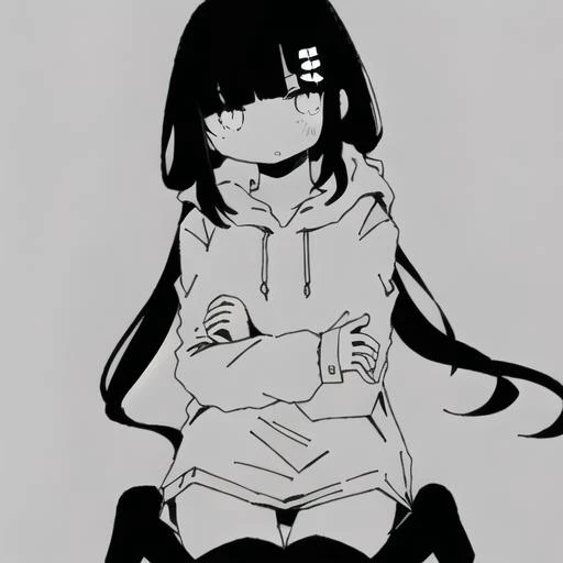 <lyco:last-000032:1.0>, osage, inabakumori, monochrome, hoodie, black thighhighs, looking at viewer, greyscale,