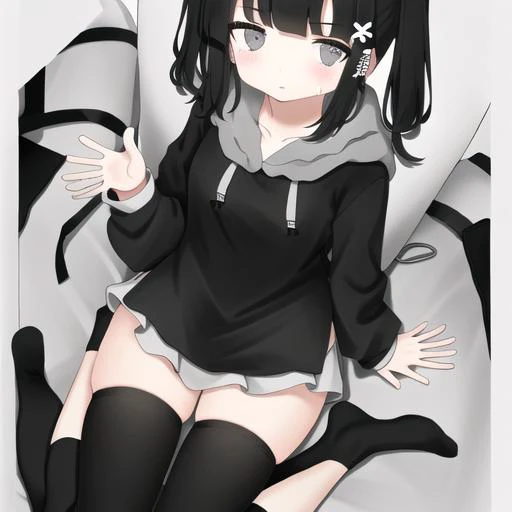 <lyco:last-000032:1.0>, osage, inabakumori, monochrome, hoodie, black thighhighs, looking at viewer,
