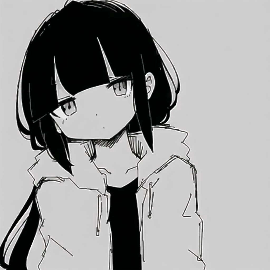 <lyco:last-000038:0.8>, inabakumori, osage, black hair, greyscale, monochrome, simple background, white background,