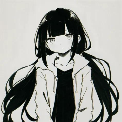 <lyco:last-000038:0.8>, inabakumori, osage, black hair, greyscale, monochrome, simple background, white background,