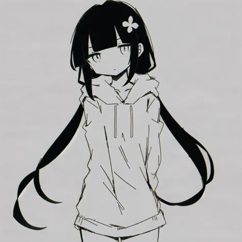 <lyco:last-000038:0.8>, inabakumori, osage, black hair, greyscale, monochrome, simple background, white background,
