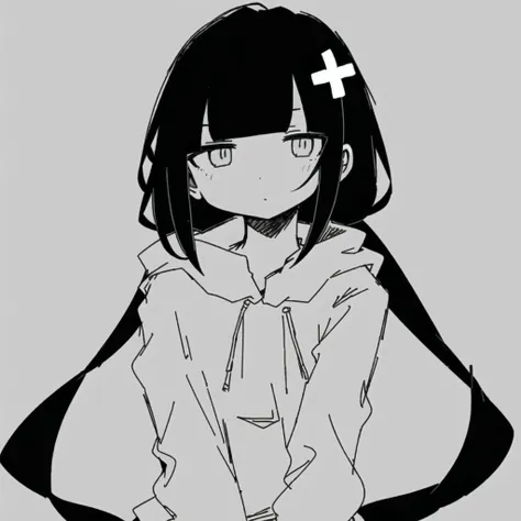 <lyco:last-000038:0.8>, inabakumori, osage, black hair, greyscale, monochrome, simple background, white background,