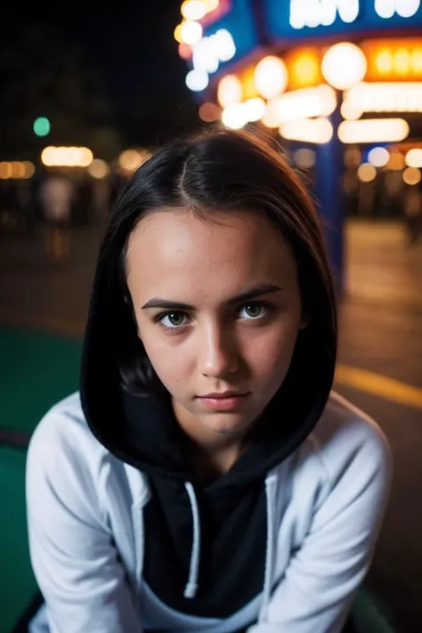 photo of L1l0M41_HM-135, a woman, perfect hair, (modern photo), wearing hoodies and leggings, 85mm medium telephoto (analog, cinematic, film grain:1.3), Holographic Amusement Park, Park with holographic rides, characters, and fantastical sensory experiences., detailed eyes, professional pose, (epiCPhoto), (looking at viewer:1.1), (cinematic shot:1.3), (broad style lighting), OverallDetail, SkinHairDetail