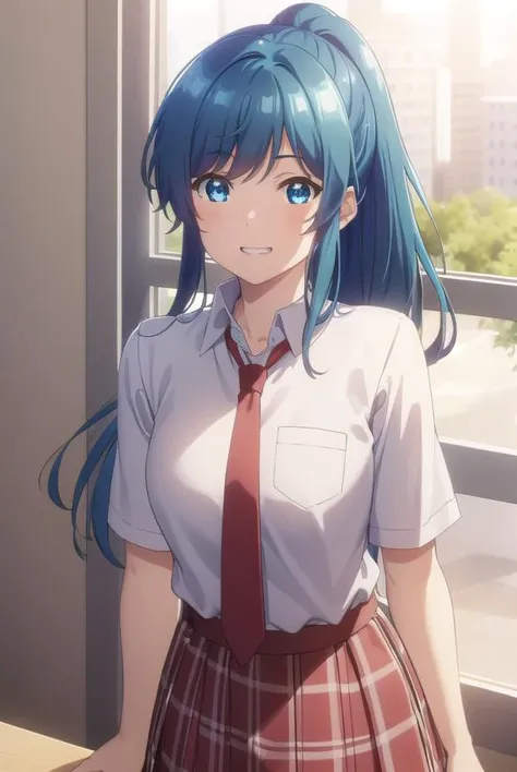 minaminanami, <lora:minami nanami s1-lora-nochekaiser:1>,
minami nanami, long hair, blue eyes, blue hair, ponytail, sidelocks, smile, grin,
BREAK skirt, shirt, school uniform, white shirt, short sleeves, necktie, plaid, plaid skirt, red necktie, brown skirt,
BREAK indoors, classroom,
BREAK looking at viewer,
BREAK <lyco:GoodHands-beta2:1>, (masterpiece:1.2), best quality, high resolution, unity 8k wallpaper, (illustration:0.8), (beautiful detailed eyes:1.6), extremely detailed face, perfect lighting, extremely detailed CG, (perfect hands, perfect anatomy),