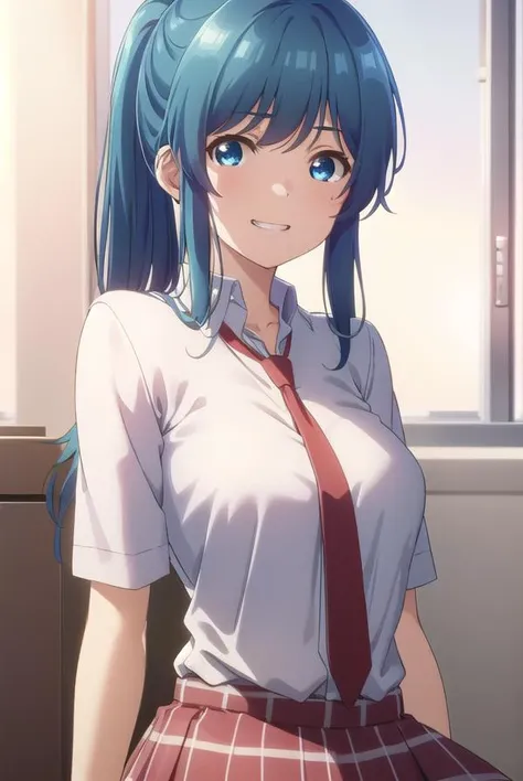 minaminanami, <lora:minami nanami s1-lora-nochekaiser:1>,
minami nanami, long hair, blue eyes, blue hair, ponytail, sidelocks, smile, grin,
BREAK skirt, shirt, school uniform, white shirt, short sleeves, necktie, plaid, plaid skirt, red necktie, brown skirt,
BREAK indoors, classroom,
BREAK looking at viewer,
BREAK <lyco:GoodHands-beta2:1>, (masterpiece:1.2), best quality, high resolution, unity 8k wallpaper, (illustration:0.8), (beautiful detailed eyes:1.6), extremely detailed face, perfect lighting, extremely detailed CG, (perfect hands, perfect anatomy),