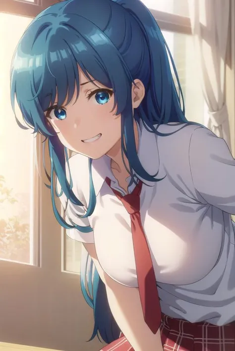 minaminanami, <lora:minami nanami s1-lora-nochekaiser:1>,
minami nanami, long hair, blue eyes, blue hair, ponytail, sidelocks, smile, grin,
BREAK skirt, shirt, school uniform, white shirt, short sleeves, necktie, plaid, plaid skirt, red necktie, brown skirt,
BREAK indoors, classroom,
BREAK looking at viewer,
BREAK <lyco:GoodHands-beta2:1>, (masterpiece:1.2), best quality, high resolution, unity 8k wallpaper, (illustration:0.8), (beautiful detailed eyes:1.6), extremely detailed face, perfect lighting, extremely detailed CG, (perfect hands, perfect anatomy),
