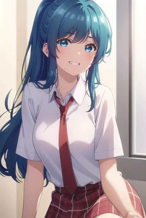 minaminanami, <lora:minami nanami s1-lora-nochekaiser:1>,
minami nanami, long hair, blue eyes, blue hair, ponytail, sidelocks, smile, grin,
BREAK skirt, shirt, school uniform, white shirt, short sleeves, necktie, plaid, plaid skirt, red necktie, brown skirt,
BREAK indoors, classroom,
BREAK looking at viewer,
BREAK <lyco:GoodHands-beta2:1>, (masterpiece:1.2), best quality, high resolution, unity 8k wallpaper, (illustration:0.8), (beautiful detailed eyes:1.6), extremely detailed face, perfect lighting, extremely detailed CG, (perfect hands, perfect anatomy),