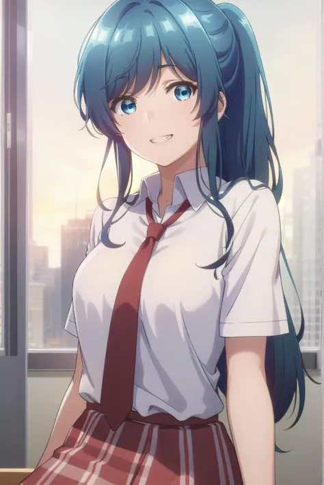 minaminanami, <lora:minami nanami s1-lora-nochekaiser:1>,
minami nanami, long hair, blue eyes, blue hair, ponytail, sidelocks, smile, grin,
BREAK skirt, shirt, school uniform, white shirt, short sleeves, necktie, plaid, plaid skirt, red necktie, brown skirt,
BREAK indoors, classroom,
BREAK looking at viewer,
BREAK <lyco:GoodHands-beta2:1>, (masterpiece:1.2), best quality, high resolution, unity 8k wallpaper, (illustration:0.8), (beautiful detailed eyes:1.6), extremely detailed face, perfect lighting, extremely detailed CG, (perfect hands, perfect anatomy),