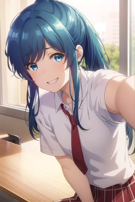 minaminanami, <lora:minami nanami s1-lora-nochekaiser:1>,
minami nanami, long hair, blue eyes, blue hair, ponytail, sidelocks, smile, grin,
BREAK skirt, shirt, school uniform, white shirt, short sleeves, necktie, plaid, plaid skirt, red necktie, brown skirt,
BREAK indoors, classroom,
BREAK looking at viewer,
BREAK <lyco:GoodHands-beta2:1>, (masterpiece:1.2), best quality, high resolution, unity 8k wallpaper, (illustration:0.8), (beautiful detailed eyes:1.6), extremely detailed face, perfect lighting, extremely detailed CG, (perfect hands, perfect anatomy),