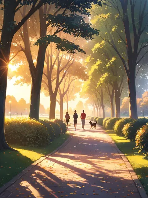 joggers and pretty dog-walkers populate a park, greeted by the gentle glow of sunris, The leaves on the trees are fine, Beautiful Walking Path, ((masterpiece:1.1)), 8k, (extremely detailed and beautiful background), ((Ultra-precise depiction)), ((Ultra-detailed depiction)), (professional illustrasion:1.1), (professional lighting)