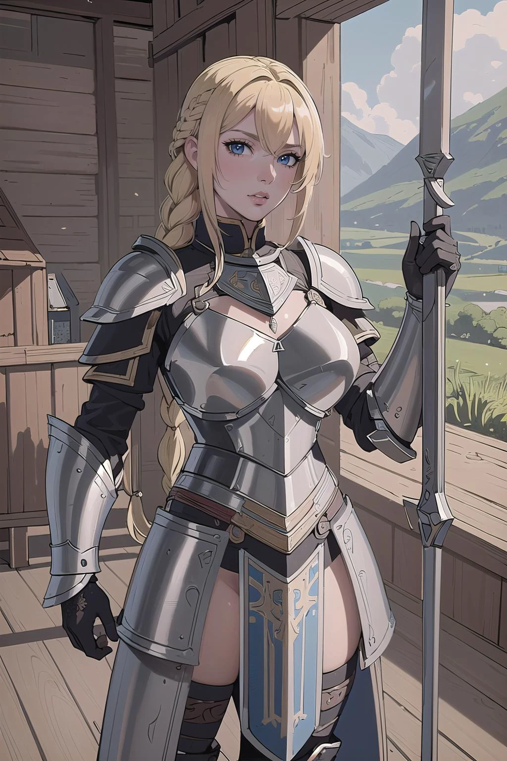 (masterpiece, best_quality, ultra-detailed, immaculate:1.3), epic, illustration, warrior , (armor, faulds, chestplate, greaves, pauldrons, shield:1|1.2|1.4),neon blonde hair, side braid,Infinity Braid, head down, in a minuscule, crowded barn,<lyco:EnvyWarrior01:1>