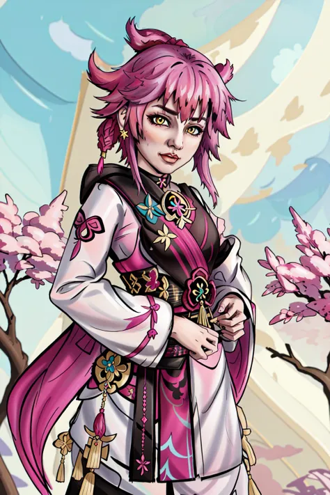 yae miko, 1girl, pink hair, yellow eyes, (genshin impact)<lora:DuskfallArtV3:0.75>