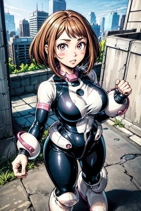 thick outlines, comics, photorealistic, perfect hands, masterpiece:1.2, japanese streets, ruins, 1girl, solo, standing, <lora:uraraka_ochako_v1:0.7>, hmochako, blush stickers, short hair, superhero, bodysuit, boots, medium breast, detailed background, detailed face, detailed eyes, <lora:add_detail:0.8>