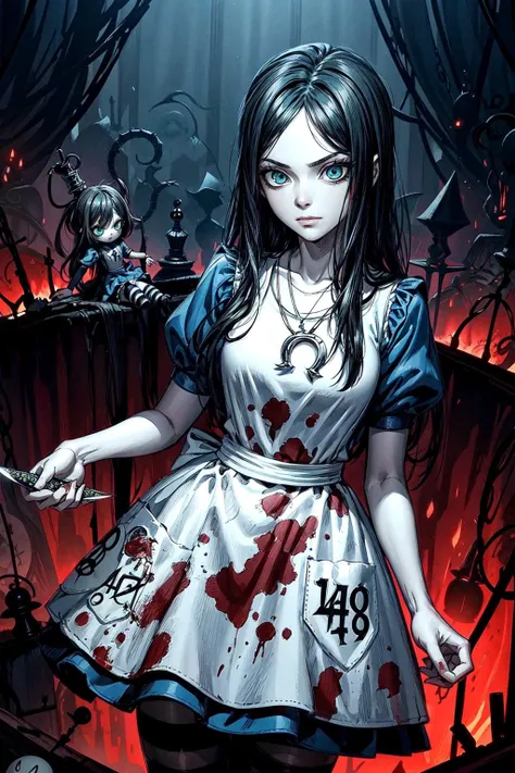 thick outlines, comics, photorealistic, perfect hands, masterpiece:1.2, Chess pieces, cards, creepy dolls, dark, red and black landscape, creepy, 1girl, kitchen knife, blood, standing, <lora:americanmcgee_alice:1>, mcgeealice, light blue dress, apron, striped pantyhose, jewelry, necklace, green eyes, small breast, detailed background, detailed face, detailed eyes, <lora:add_detail:0.8>
