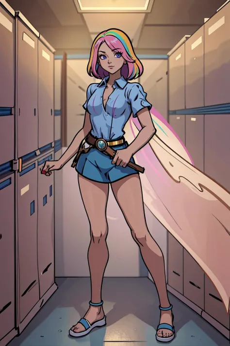(masterpiece, best_quality, ultra-detailed, immaculate:1.3), epic, illustration, welcoming, depth of field, 1girl, (dawn hero:1.3), (in a  storage room:1.3), scenery, (full body:1.4), neon rainbow hair, bombshell hime cut,bombshell hair, pastel multicolor eyes, [:skimpy costume design:0.2], , (small breasts:1.5), sexy perfect hourglass figure,(muscular legs:0.25), , ((loose shirt:1.3):1.2), <lyco:EnvyBeautyMix04:1>