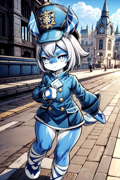 thick outlines, comics, photorealistic, 1girl, solo, girl, flat chest, angry, running, using a whistle, <lora:MelusineV2:1>, melusine, blue skin, white hair, police uniform, stubby tail, straight ears, outdoors, lake, detailed background, detailed face, detailed eyes, <lora:add_detail:0.7>