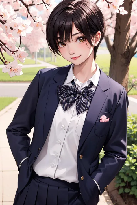 1girl, solo, <lora:komoshuaiv2_lora-06:0.9>,komoshuai, cherry blossoms, black blazer, pencil shirt, (hands in pocket:1.2) ,smile, brown eyes, school uniform,