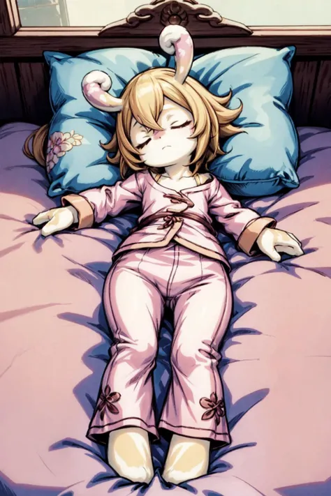 thick outlines, comics, photorealistic, 1girl, solo, girl, flat chest, lying on bed, sleeping, closed eyes, <lora:MelusineV2:1>, melusine, brown skin, yellow hair, hime cut, pink pajamas, pink pajamas pant, stubby tail, curly ears, indoor, rustic house, night, detailed background, detailed face, detailed eyes, <lora:add_detail:0.7>