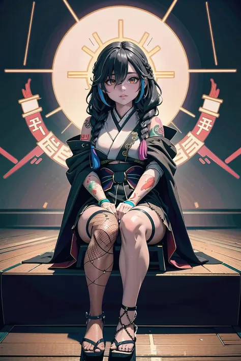 2girls, couple, cuddling, (masterpiece, best_quality, ultra-detailed, immaculate:1.3), epic, illustration, Japanese ,cyberpunk renegade lord , , fishnets,, hooded cloak, leg tattoos, tattoos,black hair, low-braided long hair, japanese, full body, moonless night, at a Brazillian train station, on a stage, bombshell hair, muted rainbow hair, braid,Blowout Curls, praise the sun<lyco:EnvyBeautyMix15:1>