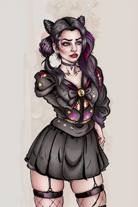masterpiece, best quality, 1girl, gothic, black lips, solo, black hair, makeup, twin tails, hair buns, sailor moon, multicolored hair, white hair, bangs, eyeshadow, cross, hair bow, bow, lipstick, two-tone hair, fishnets, mascara, black background, hair ornament, (Genshin Impact)<lora:DuskfallArtV3:0.9>