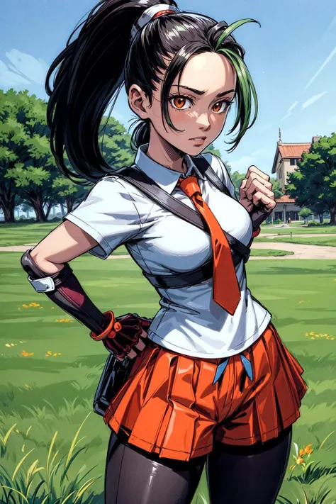thick outlines, comics, photorealistic, masterpiece:1.2, 1girl, solo, holding pokeball, <lora:nemona pokemon by Goofy Ai:0.8>, nemona, ponytail, collared shirt, short sleeves, left glove, orange shorts, orange necktie, tights, university, school, outside, grass, detailed background, detailed face, detailed eyes, <lora:add_detail:0.7>