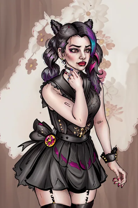 Dark hue, Action Painting, Heavenly broad-shouldered Woman, wearing Rhodolite and Embroidered Organza Cortavientos with Checkerboard print, Thoughtful Pose, Pastel Goth Art, Neo-Expressionism, portrait art by G. Willow Wilson