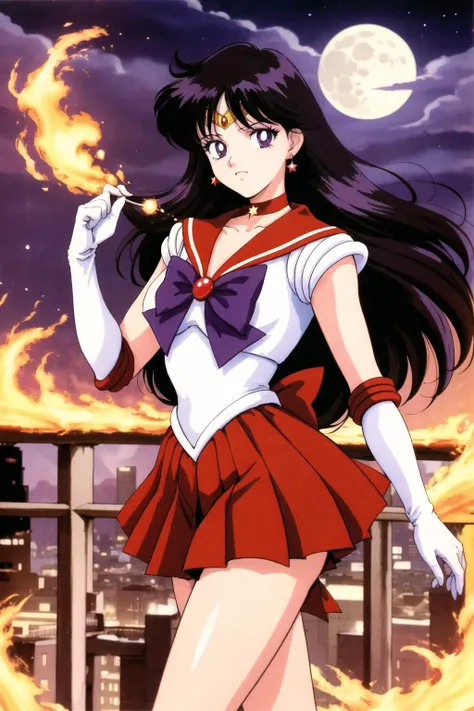 masterpiece, best quality, highres, sama1, tiara, sailor senshi uniform, white gloves, red sailor collar, red skirt, star choker, elbow gloves, pleated skirt, bare legs, purple bow, <lora:sailor_mars_v1:0.7>, magic, fire, moon, city standing, cowboy shot, fire_particles, 1990s \(style\)