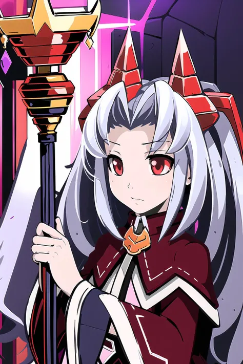 masterpiece, 1girl, elma, long hair, silver hair, red horns, glowing red eyes, dress, standing, young, detailed face, holding staff, purple torch, purple flame