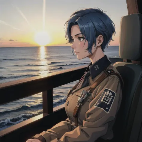 best quality, masterpiece, highres, incredibly absurdres, woman on her forties in a dirty and old world war ii german officer uniform on a world war ii german submarine on the middle of the ocean watching the sunset there is a big blue planet in the sky, steampunk, looking away, dirty clothes, unwashed hair, blue hair, short hair, gritty, world war ii, serious, worried, vivid colors