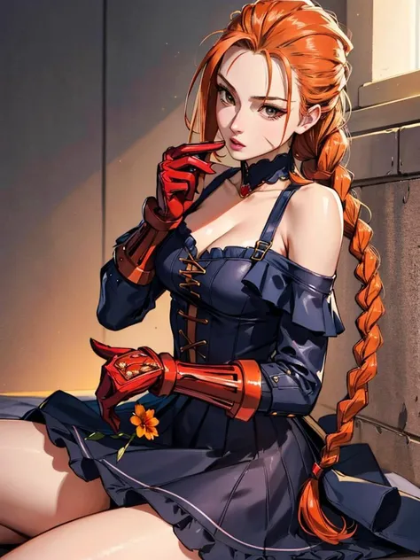 (masterpiece:1.2, best quality), photorealistic, (hyperrealistic:1.2), beautiful, extremely detailed face, a 23yo woman, black-orange hair, braided hair, frilled dress, offshoulder, (perfect anatomy), long gloves, smeling a flower, textured skin, warm lighting
<lora:cammy_white_v1:1>