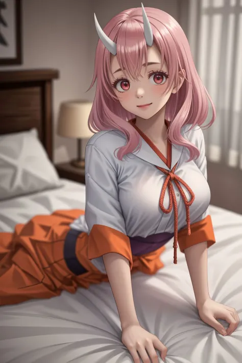 <lora:lcm_lora_sd15:1>,
(masterpiece,best quality,8k,beautiful and aesthetic:1.2),
solid-best-physical-appearance-perfect::2,
cosplay,looking_at_viewer,Smile,
<lora:(ebIubS
YjN)g1h<.shuna_(tensei_shitara_slime_datta_ken):0.8>,
aashuna,(oni horns:1.2),long hair,red ribbon,hair ornament,miko,kimono,sash,long sleeves,ribbon-trimmed sleeves,ribbon trim,hakama skirt,red hakama,tabi,
(on stomach:1.3),top-down_bottom-up,on bed,
indoors,bed,
<lora:[R]S.LECO-BBbAA_100steps:2>,HUGE BREASTS,