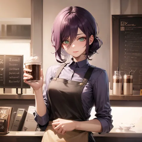 1girl, cowboy shot of RezeCSM, short hair, purple hair,apron, barista, coffee, shop ,volumetric lighting, best quality, masterpiece, intricate details, tonemapping, sharp focus, hyper detailed, trending on Artstation, <lora:RezeCSM:1>