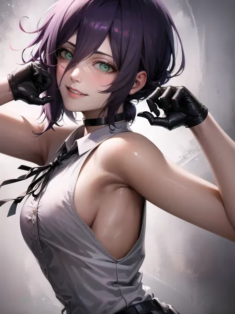 1girl, portrait of beautiful RezeCSM, solo, looking_at_viewer, smile, shirt, white_shirt, breasts, collared_shirt, hair_bun, upper_body, sleeveless, black_ribbon, ribbon, sleeveless_shirt, bare_shoulders, single_hair_bun, medium_breasts, purple_hair, black_gloves, gloves, sideboob, volumetric lighting, best quality, masterpiece, intricate details, tonemapping, sharp focus, hyper detailed, trending on Artstation, <lora:RezeCSM:1>
