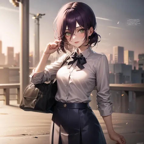 1girl, cowboy shot of RezeCSM, short hair, purple hair, school uniform, bag, outdoors, volumetric lighting, best quality, masterpiece, intricate details, tonemapping, sharp focus, hyper detailed, trending on Artstation, <lora:RezeCSM:1>